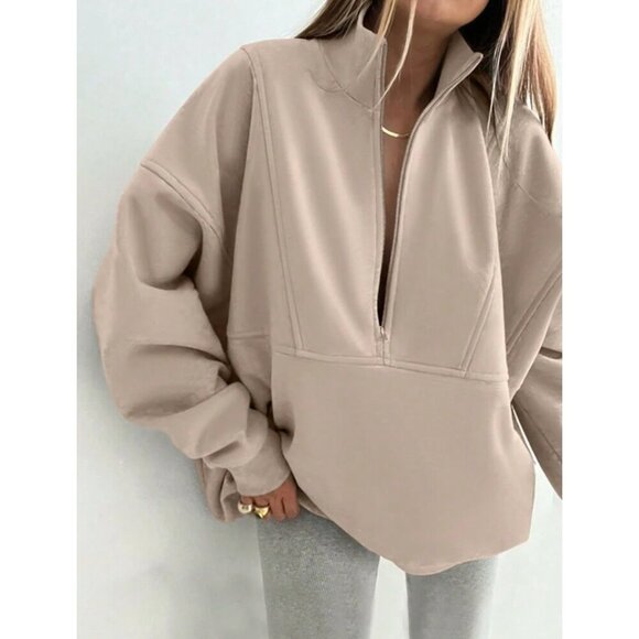 zip up half placket stand collar sweatshirt cream tan - Picture 1 of 7
